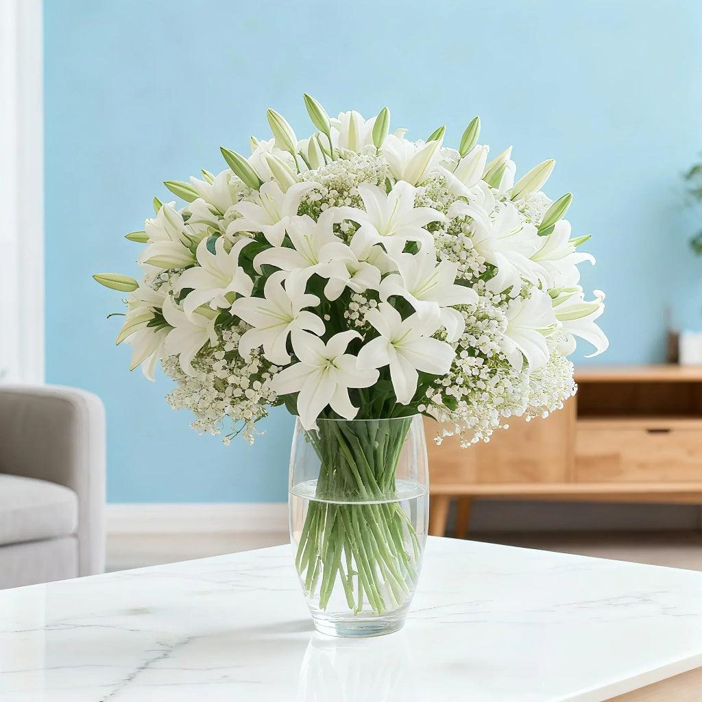 28 Piece Artificial White Lily and Babys Breath Flower Bouquet Set