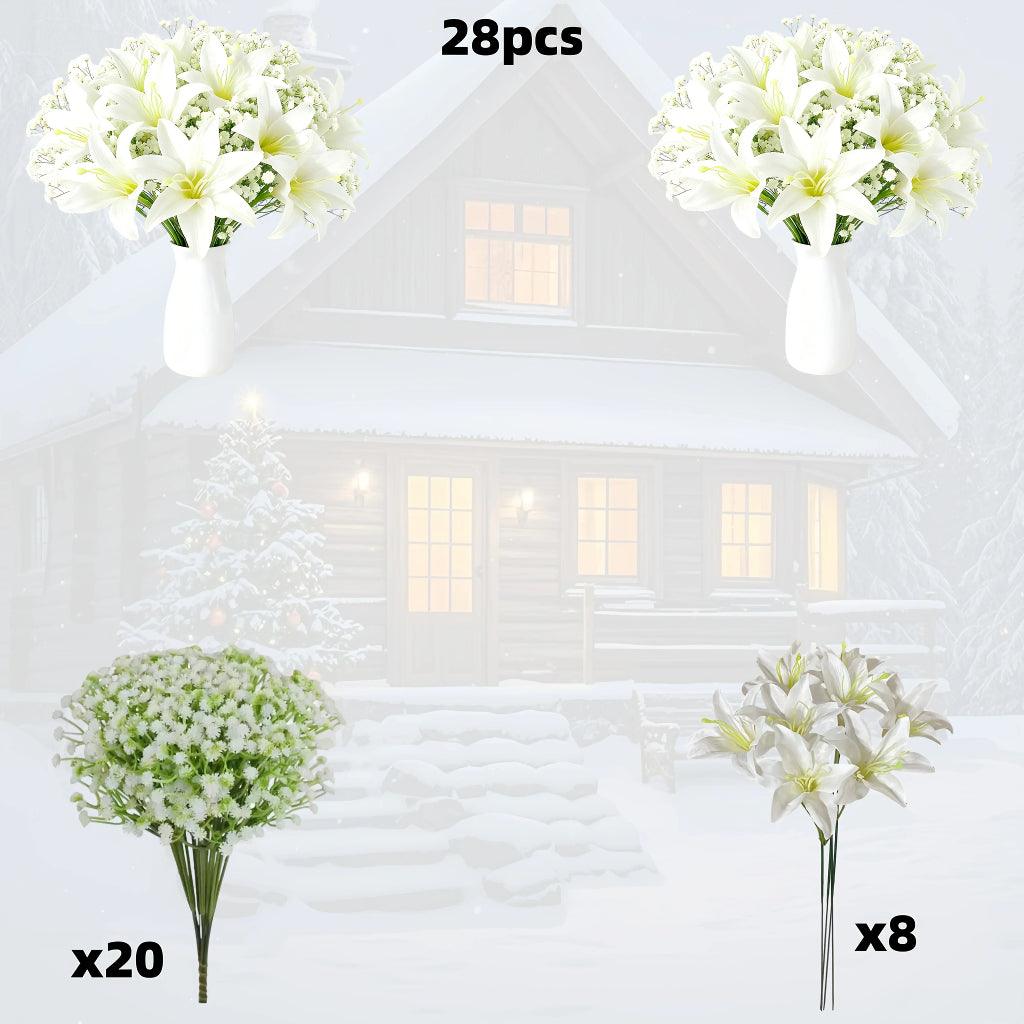 28 Piece Artificial White Lily and Babys Breath Flower Bouquet Set