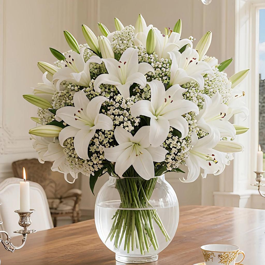 28 Piece Artificial White Lily and Babys Breath Flower Bouquet Set