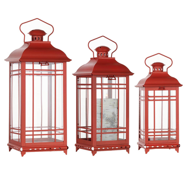 Set of Three Classic Farmhouse Red Metal Lanterns