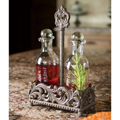 Acanthus Cast Aluminum Oil and Vinegar Bottle Holder, Set of 2 Glass Bottles with Stand