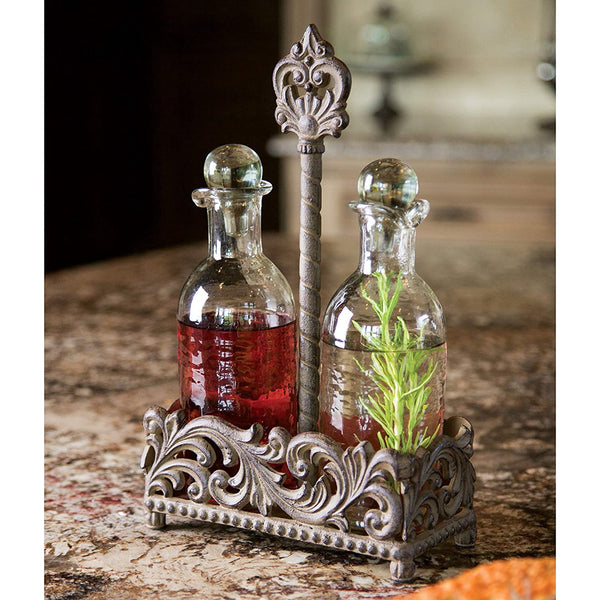 Acanthus Cast Aluminum Oil and Vinegar Bottle Holder, Set of 2 Glass Bottles with Stand