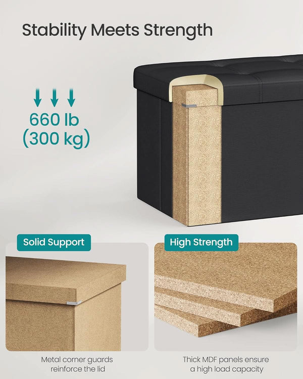 43 Inch Folding Storage Ottoman Black Synthetic Leather