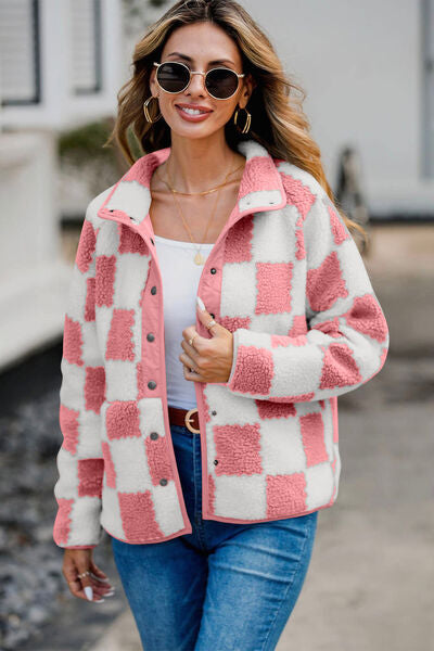 Elegant Checkered Snap Down Long Sleeve Teddy Jacket Soft & Warm Colorful Jacket