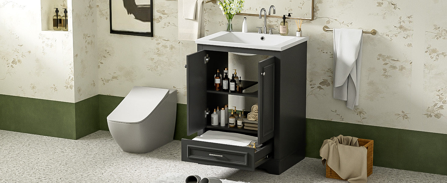 Bathroom Vanity with Ceramic Sink and Modern Freestanding Storage Cabinet, Soft-Close Doors