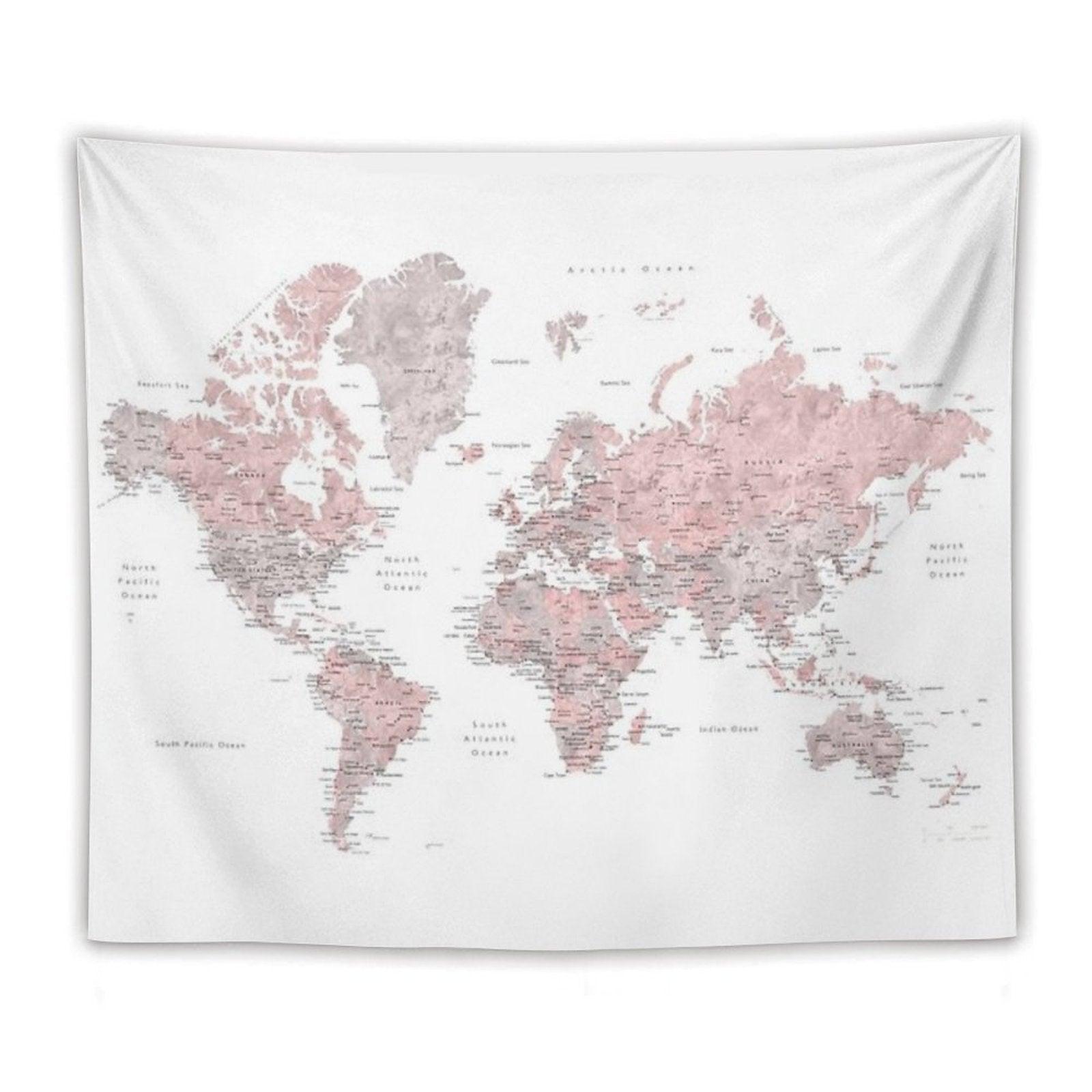 Muted Pink And Taupe Detailed World Map Tapestry