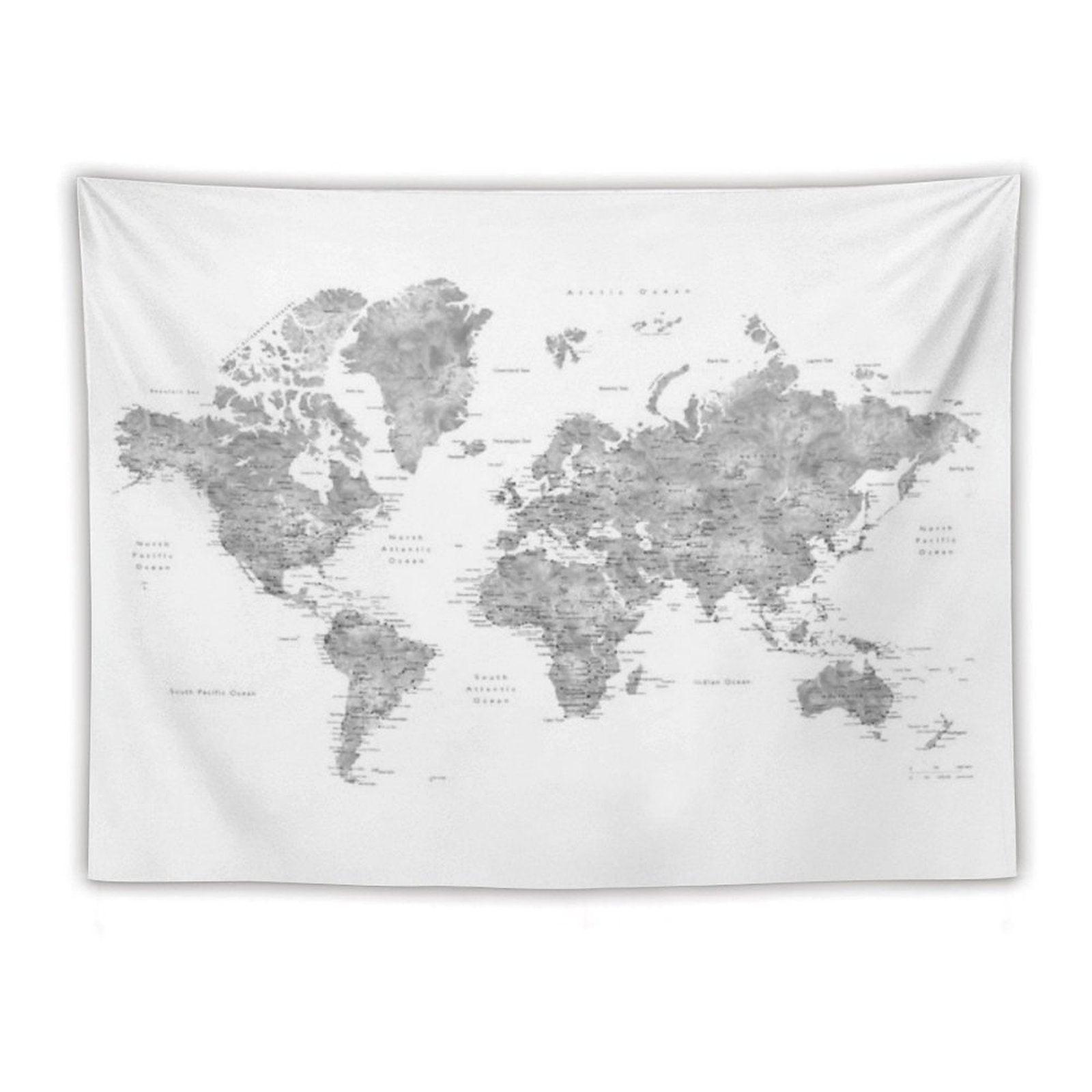 Grayscale Watercolor World Map with Cities Tapestry