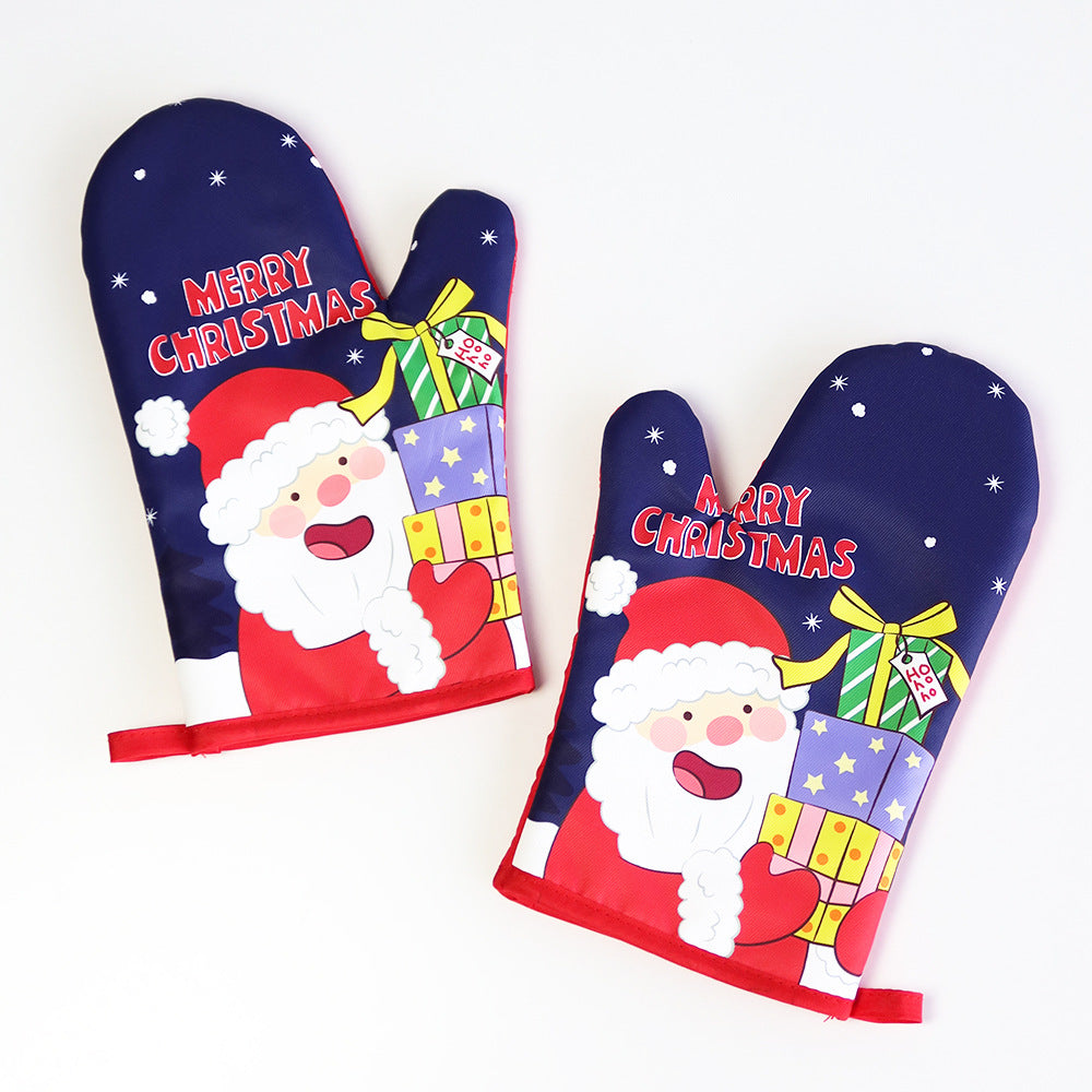Christmas present Santa Claus insulated gloves, thickened oven gloves, kitchen baking gloves, insulated and heat-resistant gloves