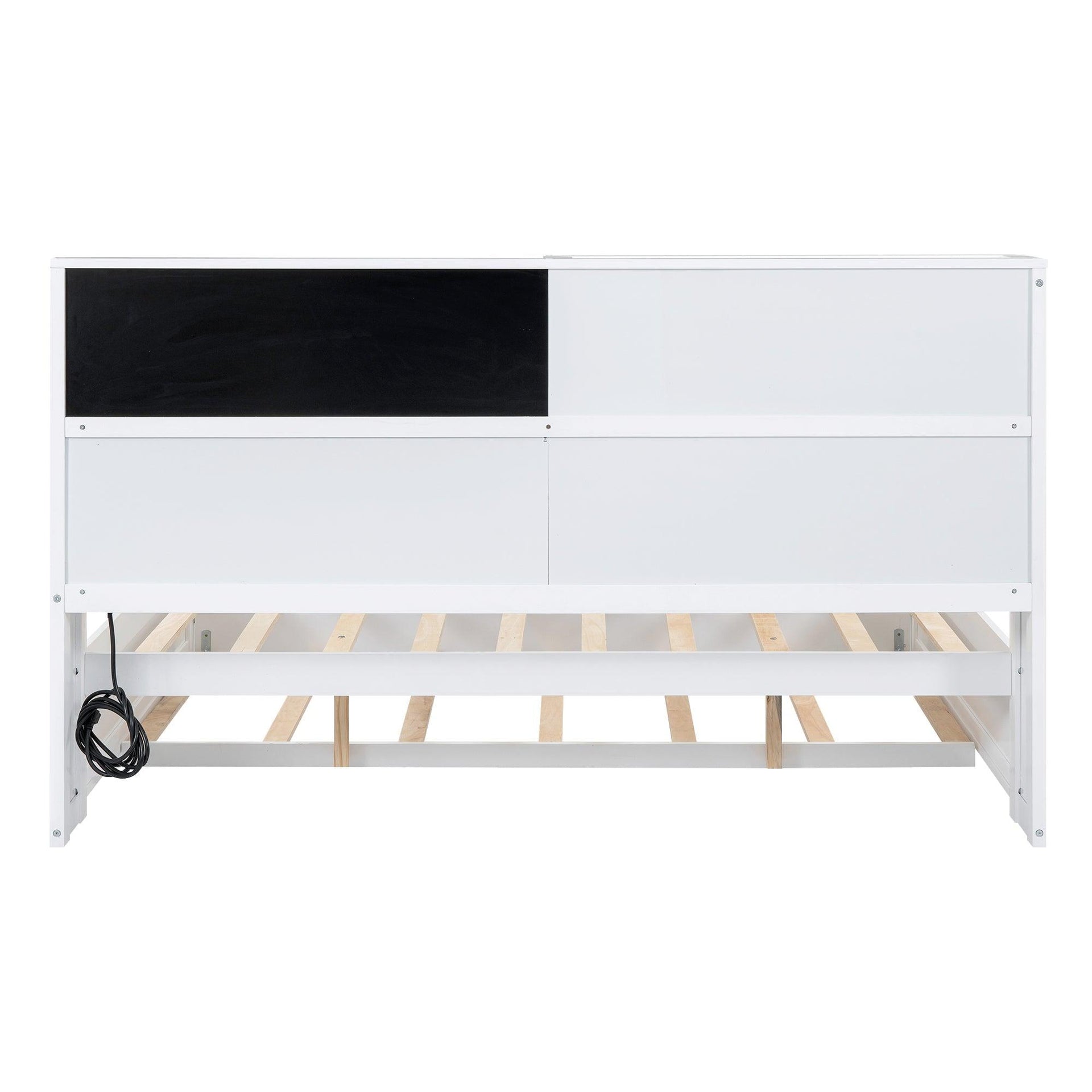 Full Size Daybed with Storage Shelves, Blackboard, Cork board, USB Ports and Twin Size Trundle  White