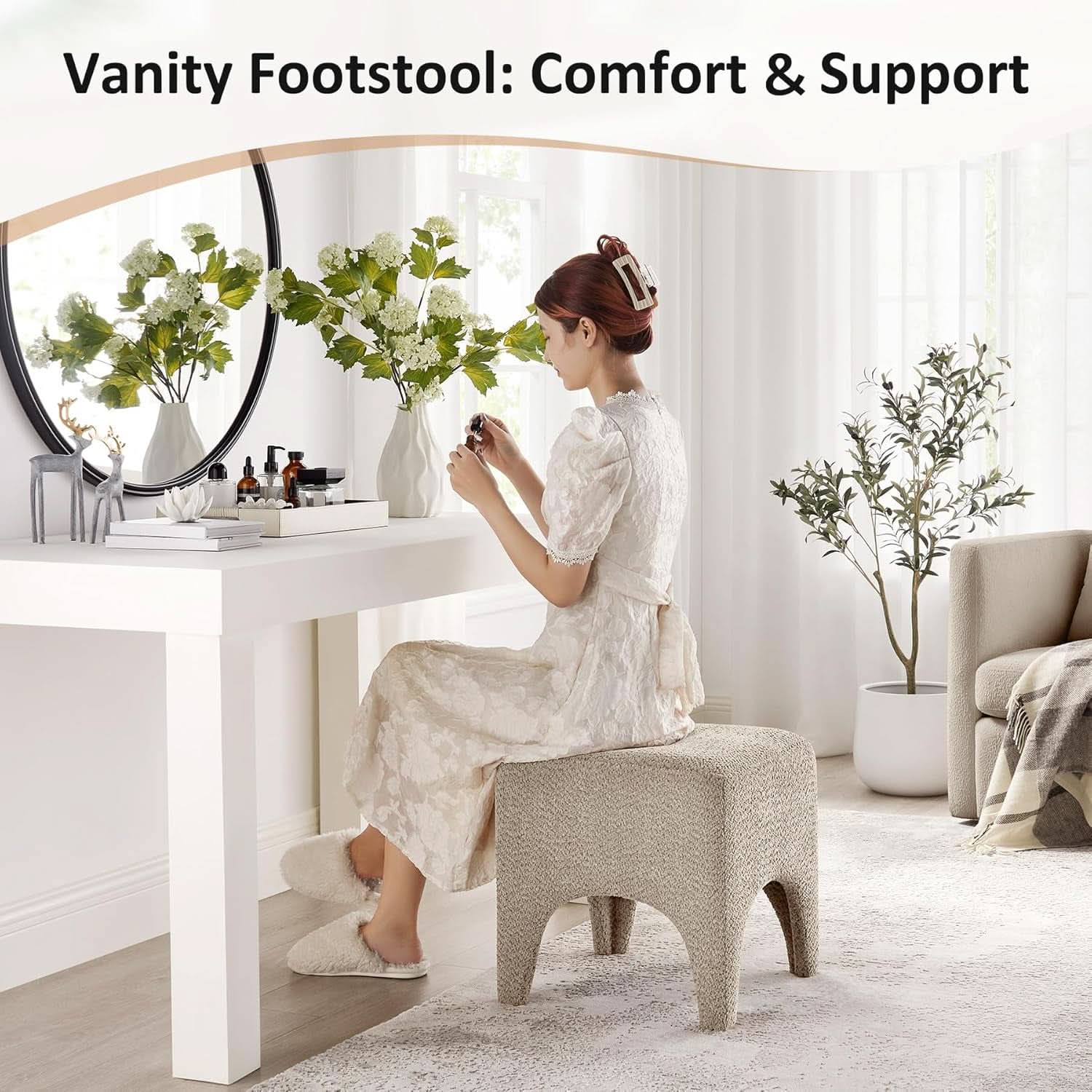 17-Inch Camel Boucle Upholstered Square Ottoman Footstool