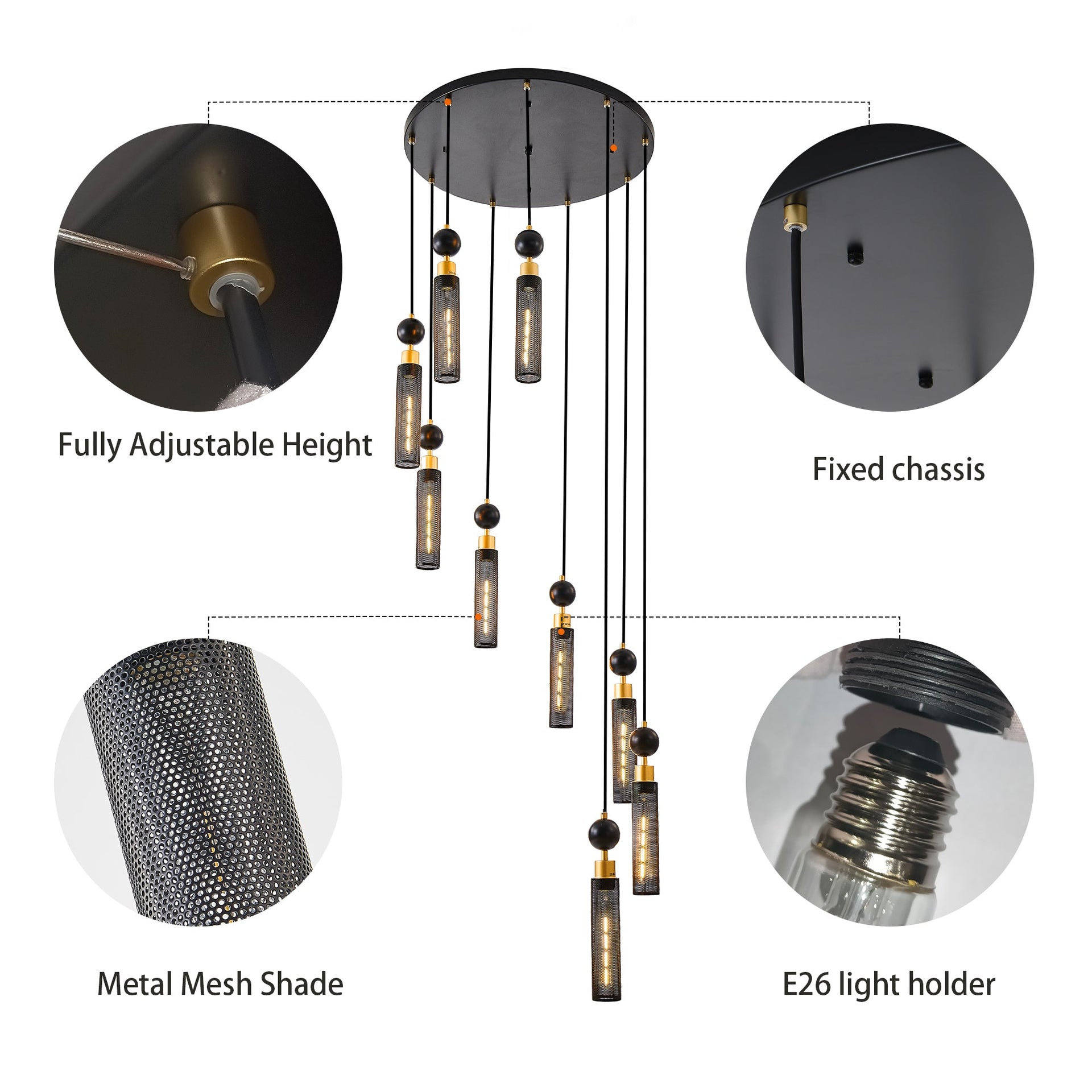Modern Industrial Multi-Light Pendant Chandelier - 9-Light Black and Gold Adjustable Ceiling Light Fixture with Mesh Cylinder Shades for Living Room, Dining Room, or Staircase (Bulb Not Included)