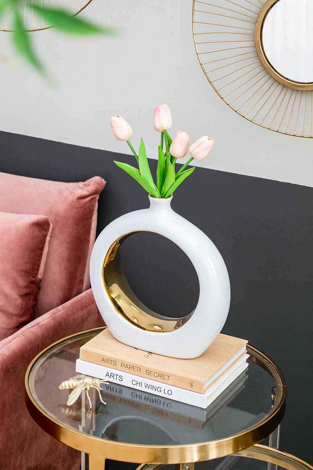 Modern White & Gold Ceramic Ring Vase