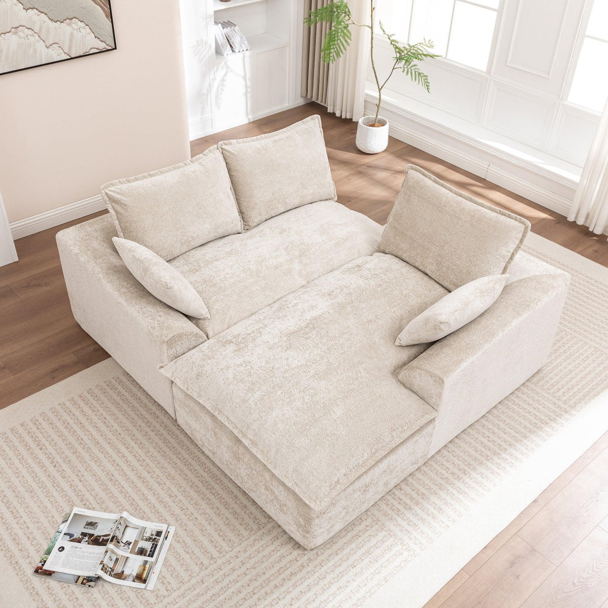 Ivory Chenille L‑Shaped Modular Sectional Compressed Sofa
