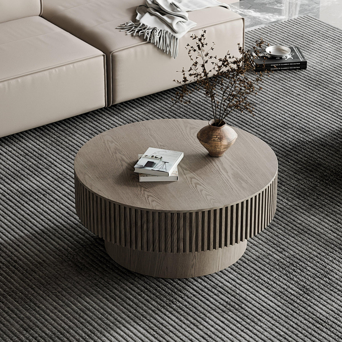 Modern Gray Round Mushroom Coffee Table with Hidden Storage