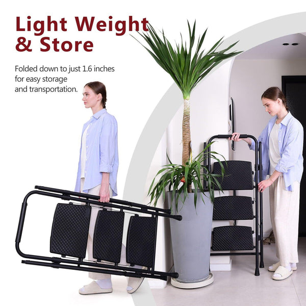 Four step ladder, lightweight folding four step stool, wide anti slip pedal and safety handle, sturdy steel ladder