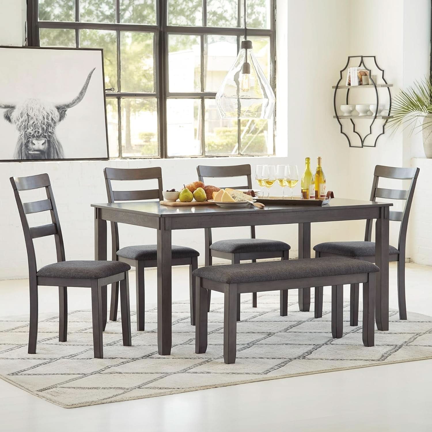 Charcoal Gray 6Piece Contemporary Dining Set Bench