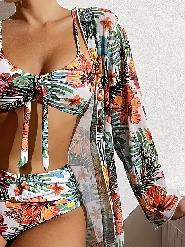 New Tropical Bloom 3-Piece Swimsuit Set – High Waist Floral Fluttering Bikini with Crew Neck Top Spaghetti Straps and Matching Long Sleeve Cover-Up – Stylish Stretchy Women’s Swimwear for Beach & Summer Escapes