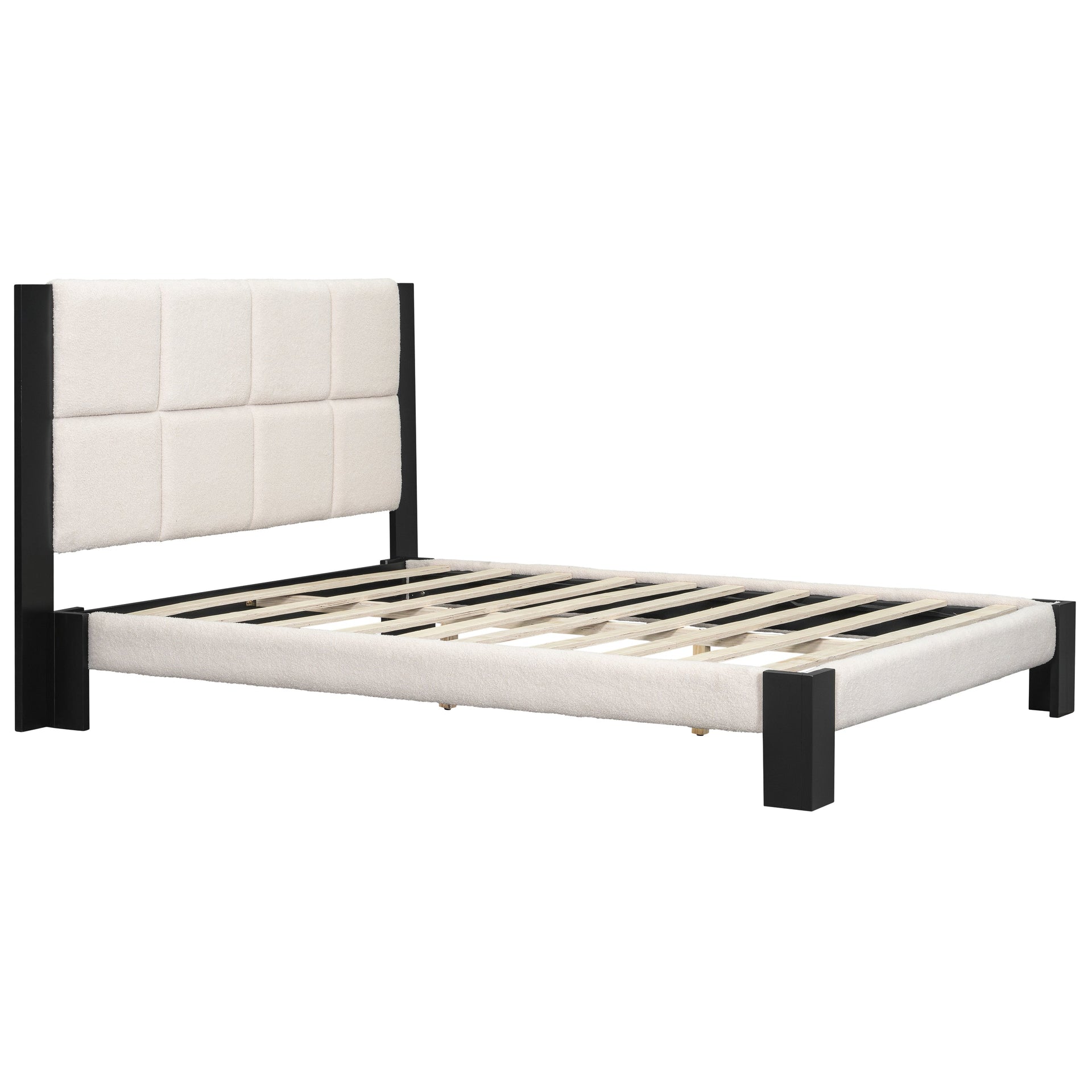 Boucle Queen Bed Frame with Square-Stitched Headboard