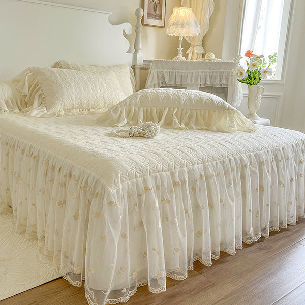 Lace rose embroidery all cotton four piece set pure cotton bed with cotton clip bed skirt duvet cover