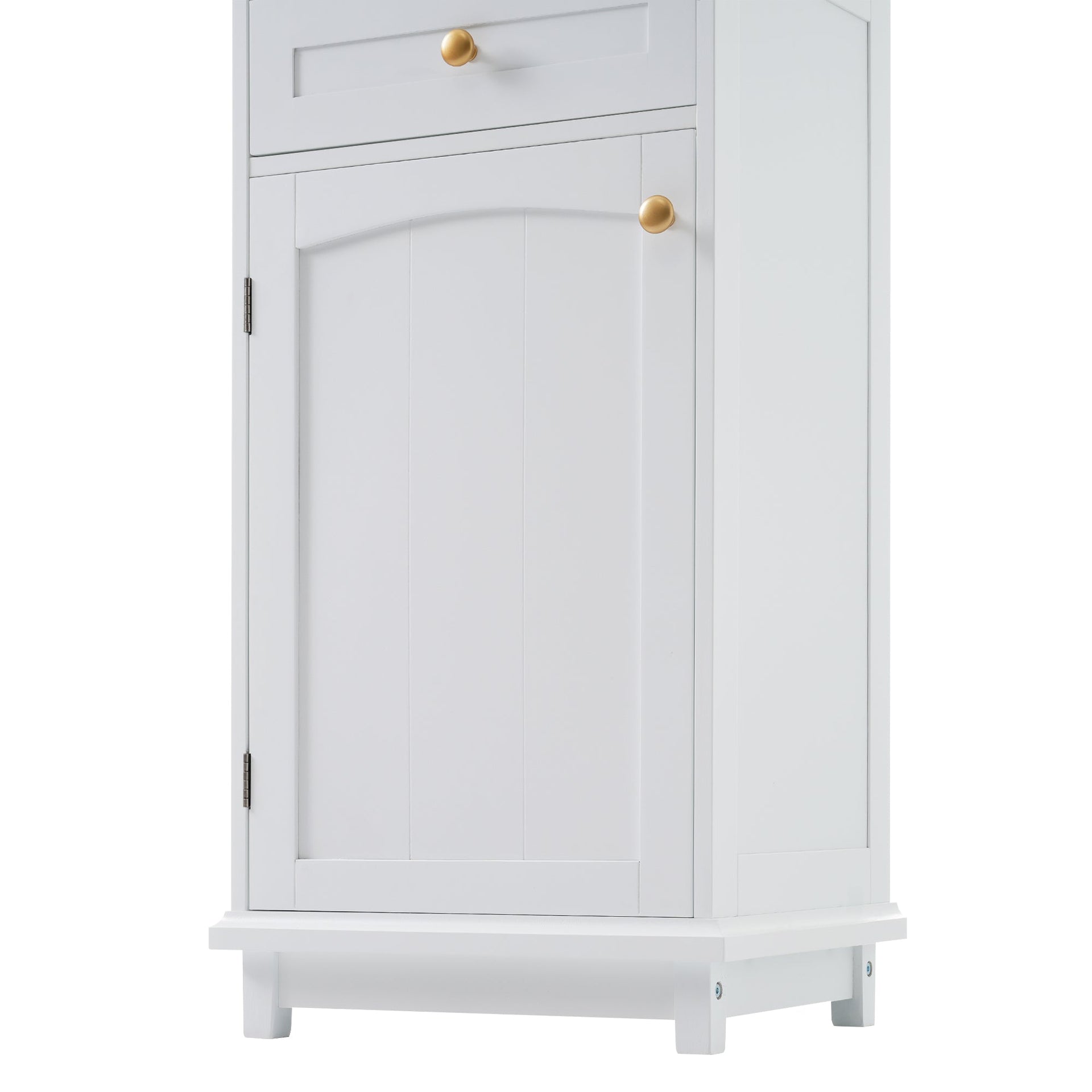 High bathroom storage cabinet with glass door, freestanding, two drawers and adjustable shelves, MDF board, painted white