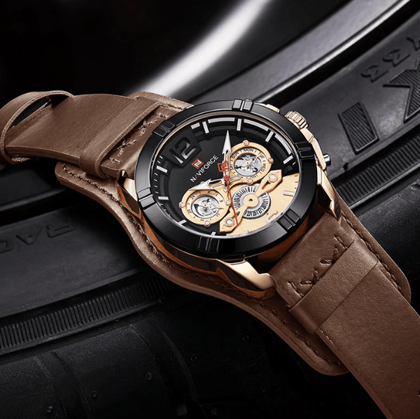 Men's Leather Waterproof Watch With Chronometers And Fluorescent Hands Excellent Design Perfect Gift