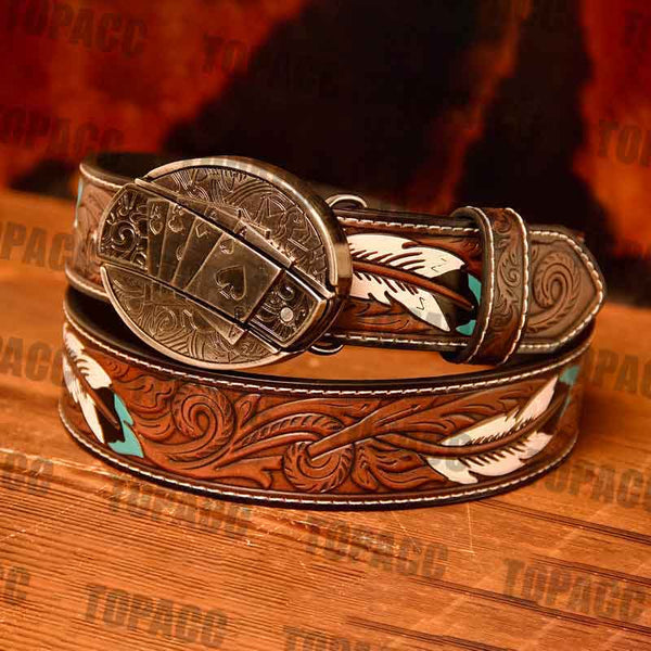 Waist 42-46 inch Western Leather Feather Belt - Block Buckle
