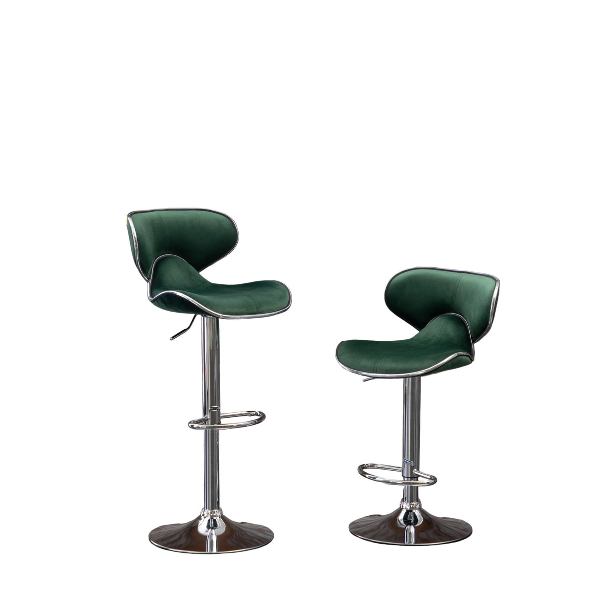 Green Velvet Adjustable Swivel Bar Stools with Chrome Base & Footrest – Set of 2