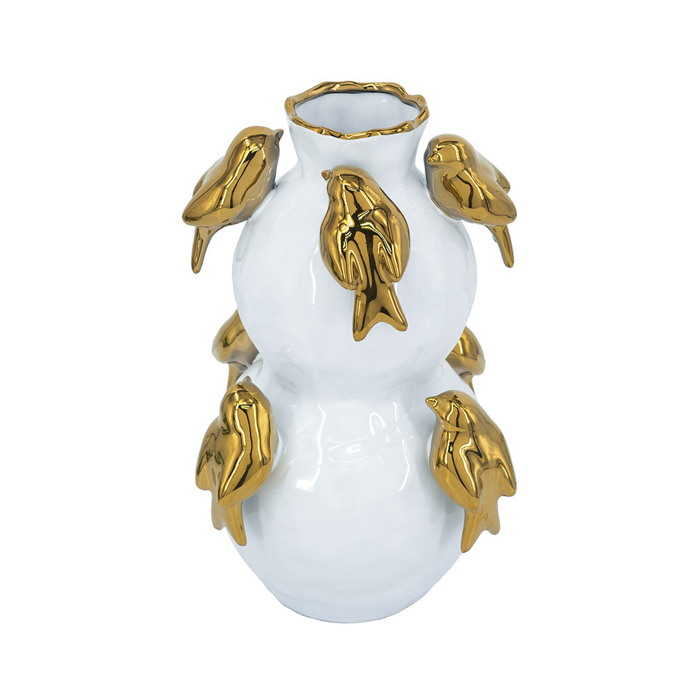 White Ceramic Vase with Gold Bird Accents
