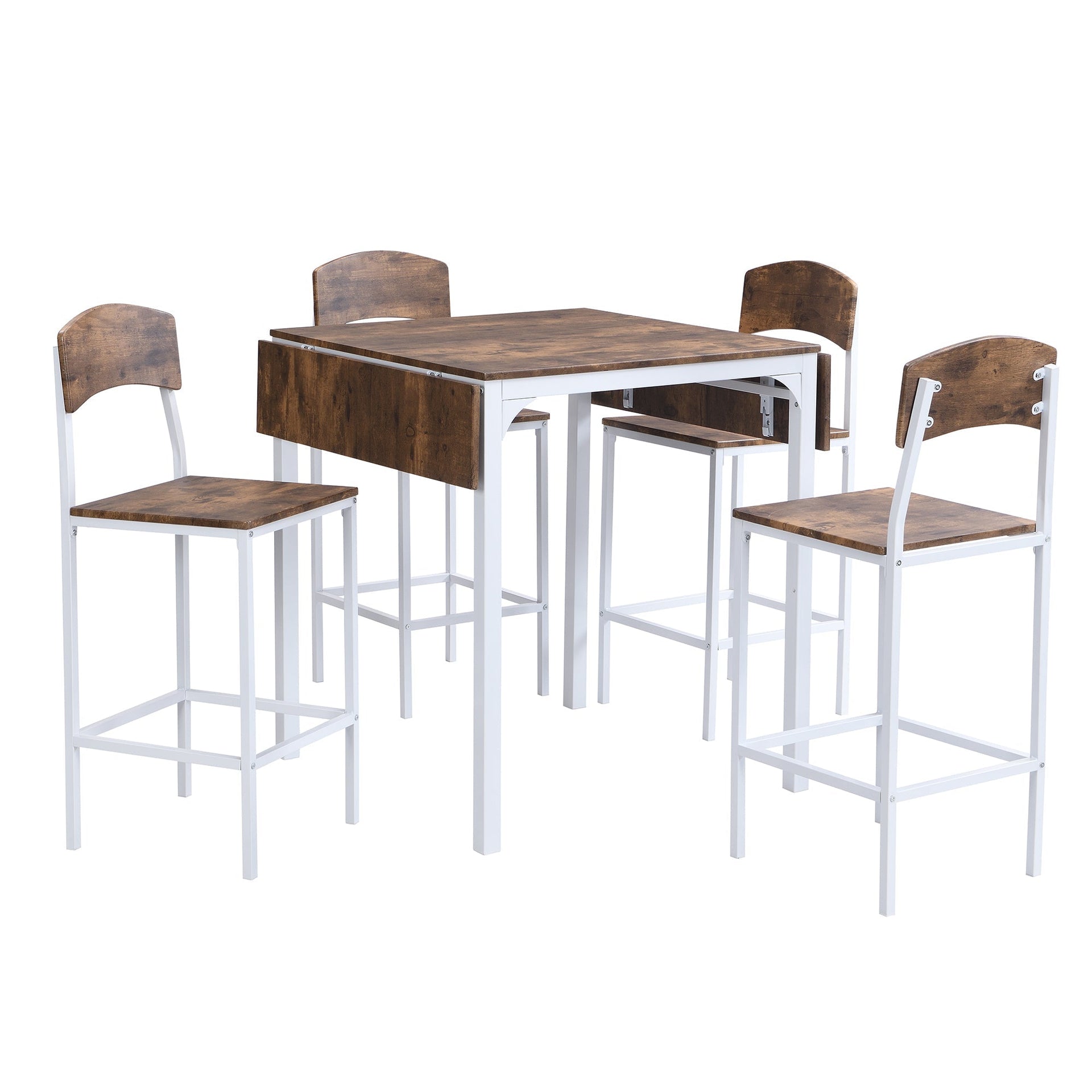 Farmhouse 5-piece Counter Height Drop Leaf Dining Table Set with Dining Chairs for 4,White Frame+ Rustic Brown Tabletop Vtng Furniture