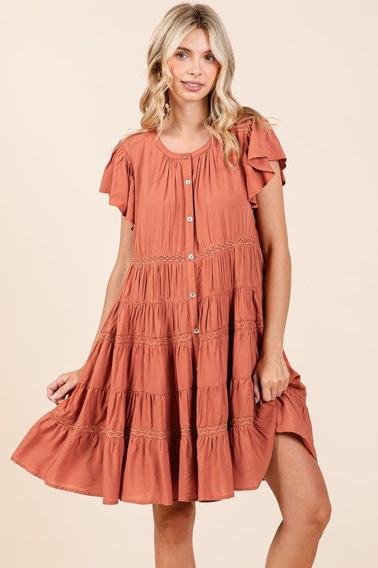 Lace Detail Ruffled Button Down Tiered Dress For Women – Romantic, Fluttering, Trendy, Elegant, Boho, Feminine & Whimsical Style