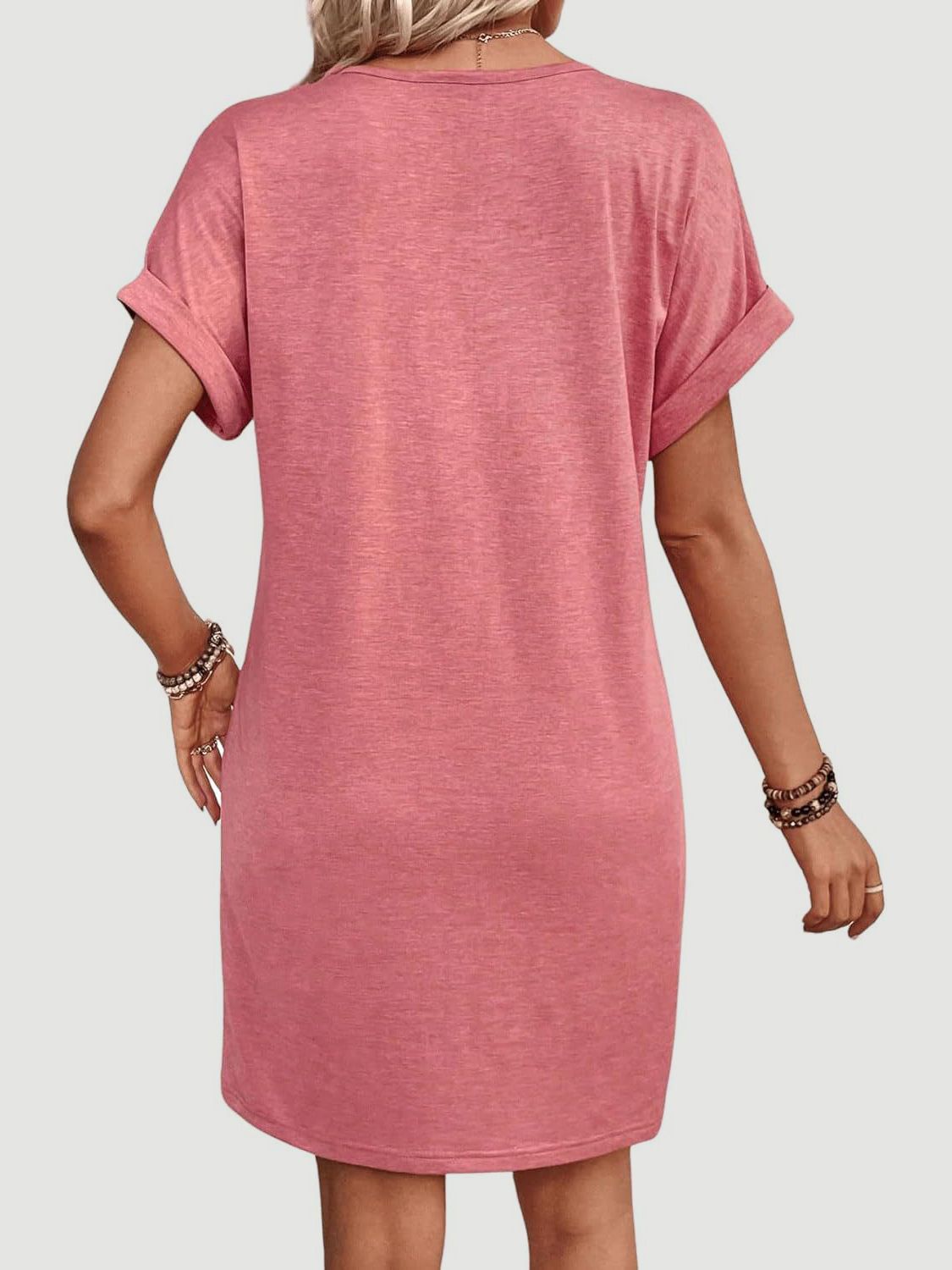 Elegant Button V-Neck Short Sleeve Dress Flattering Casual & Office Wear Simple Dress