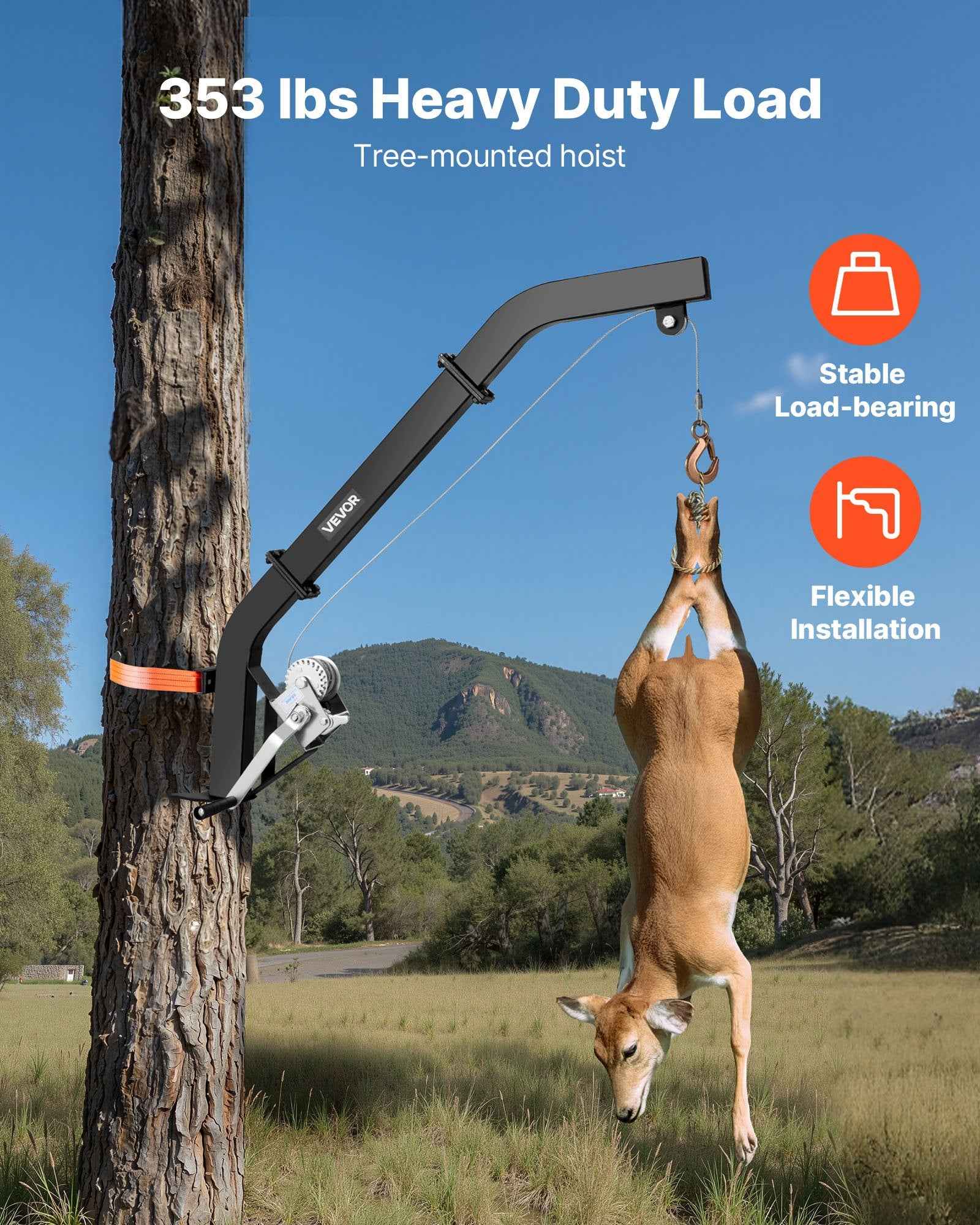 Tree Mounted Deer Hoist, 353 Lbs Load Capacity, Hunting Game Hoist Winch Lift With Ratchet Strap, Heavy Duty Deer Hanger For Skinning, Cleaning, Hanging Feed, And Field Dressing, Black