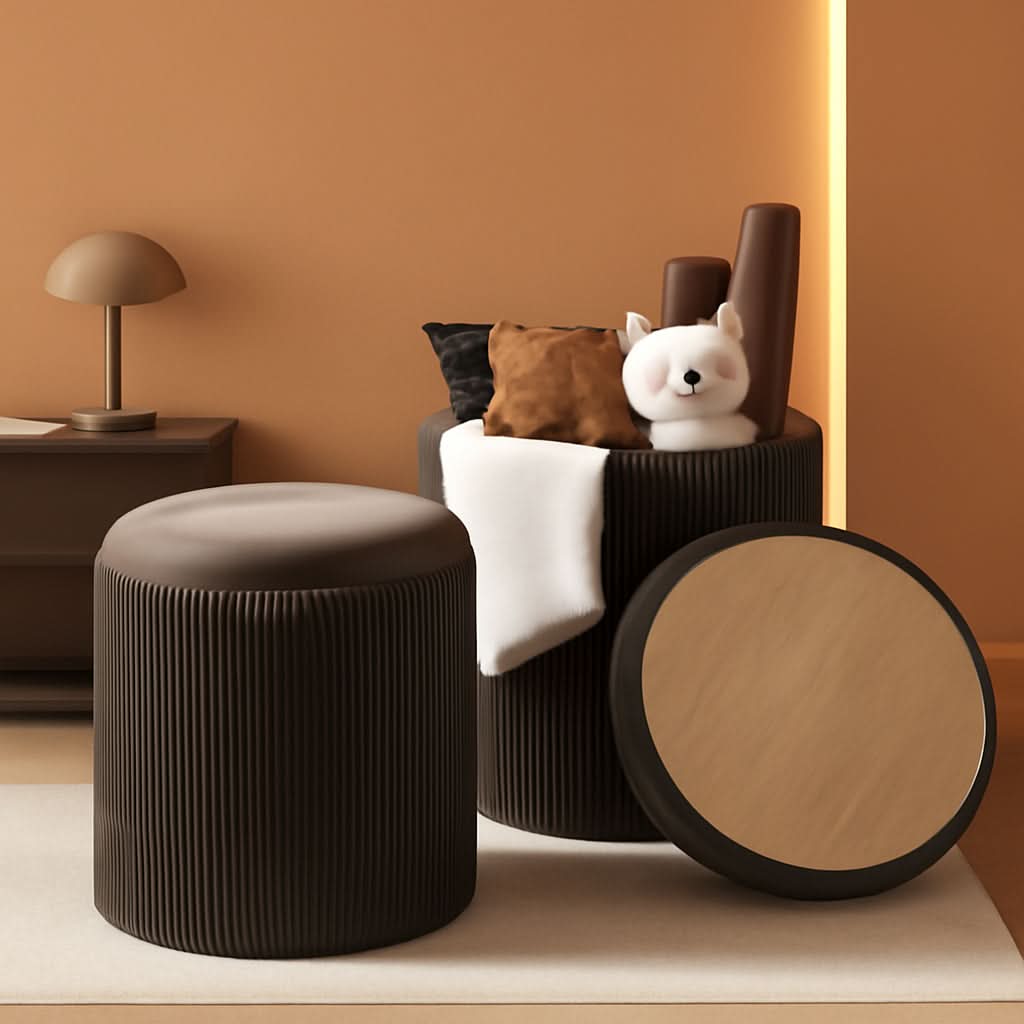 Round Velvet Storage Ottoman Black Lacquered Finish
