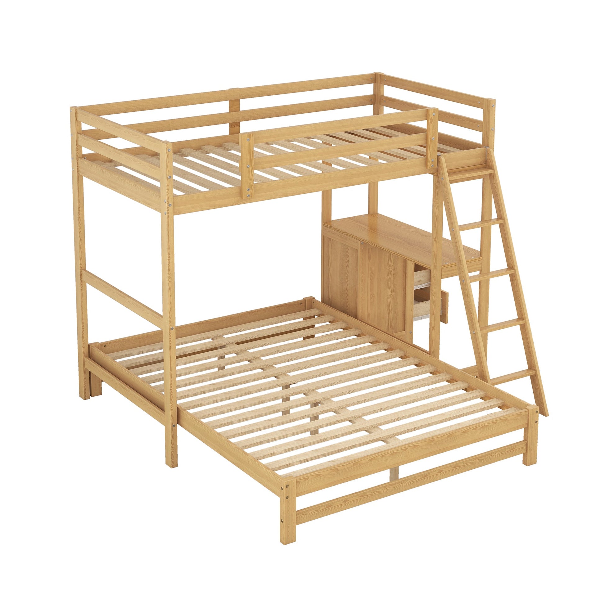 Twin over Full Bunk Bed with Built-in Desk and Three Drawers Natural
