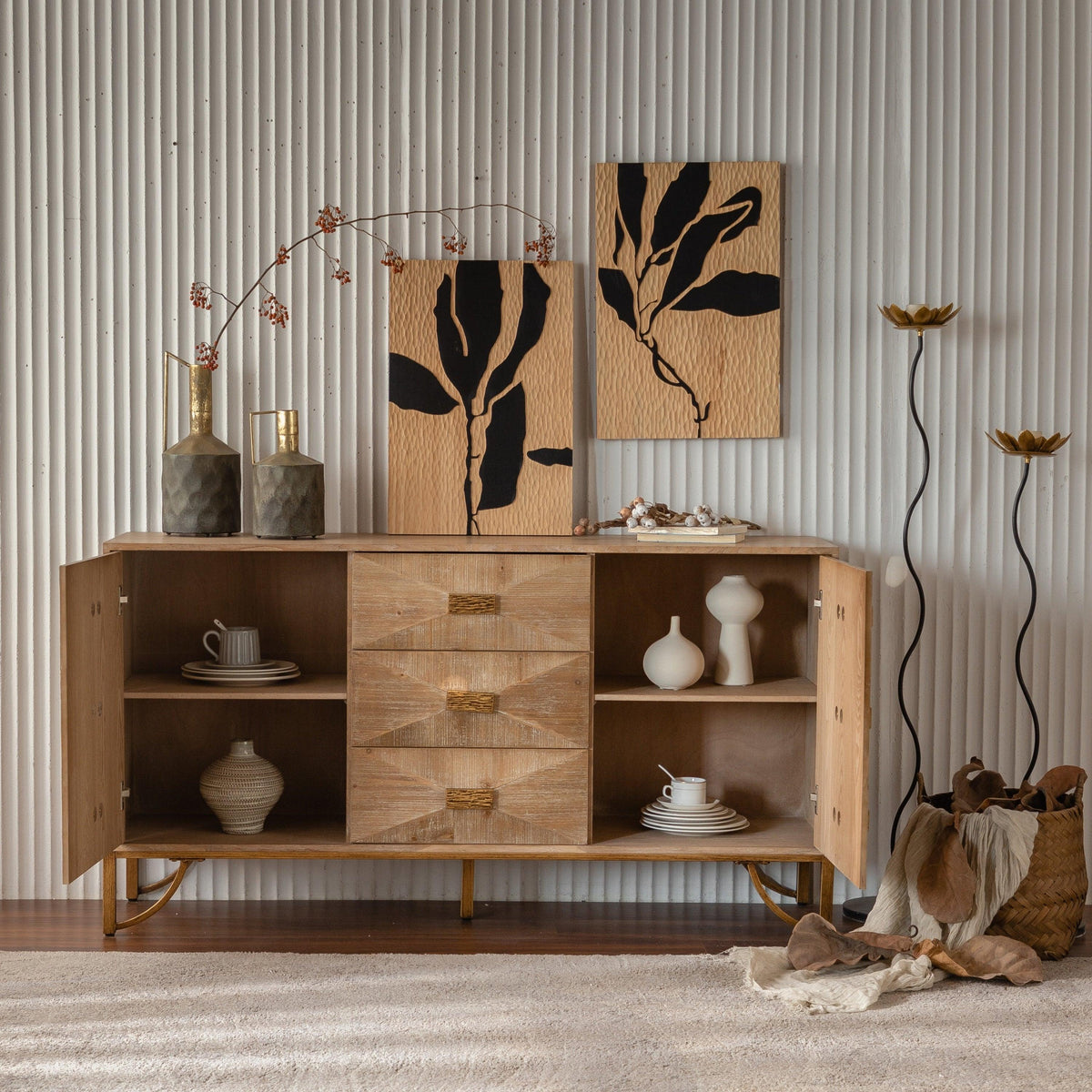 Natural Wood Sideboard Buffet Cabinet with Geometric Doors & Gold Legs