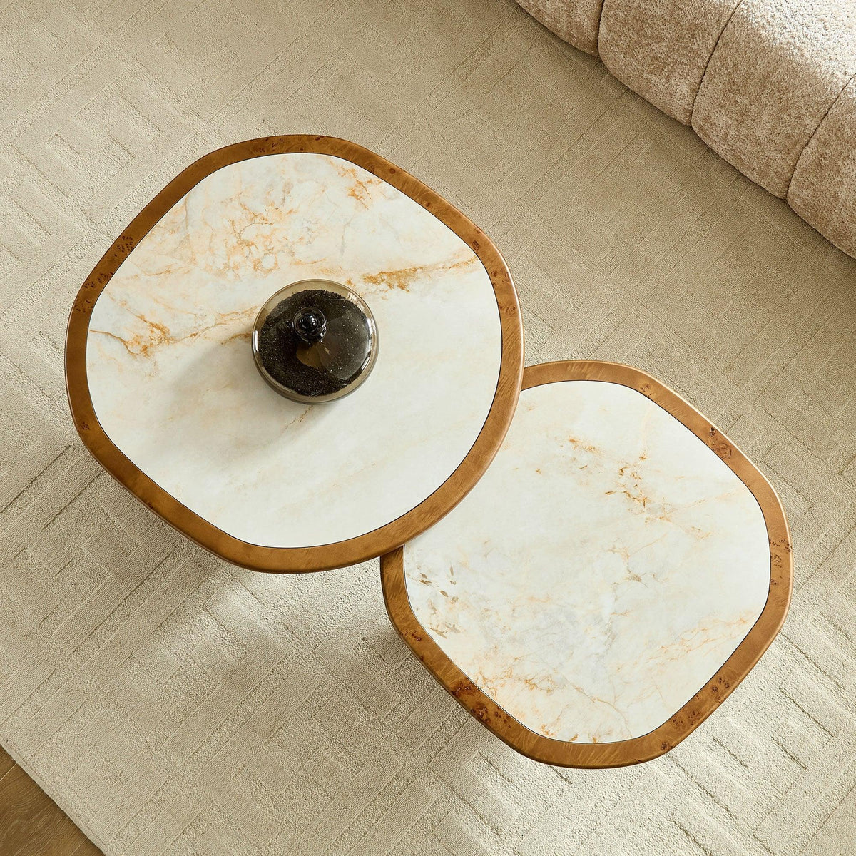 Set of 2 Walnut Burl Wood Nesting Coffee Table Set with Sintered Stone Top