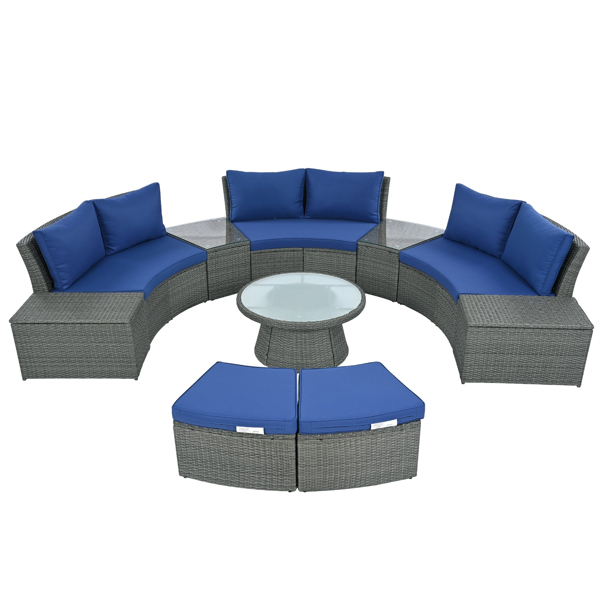 10-Piece Outdoor Sectional Half Round Patio Rattan Sofa Set, PE Wicker Conversation Furniture Set for Free Combination, Blue