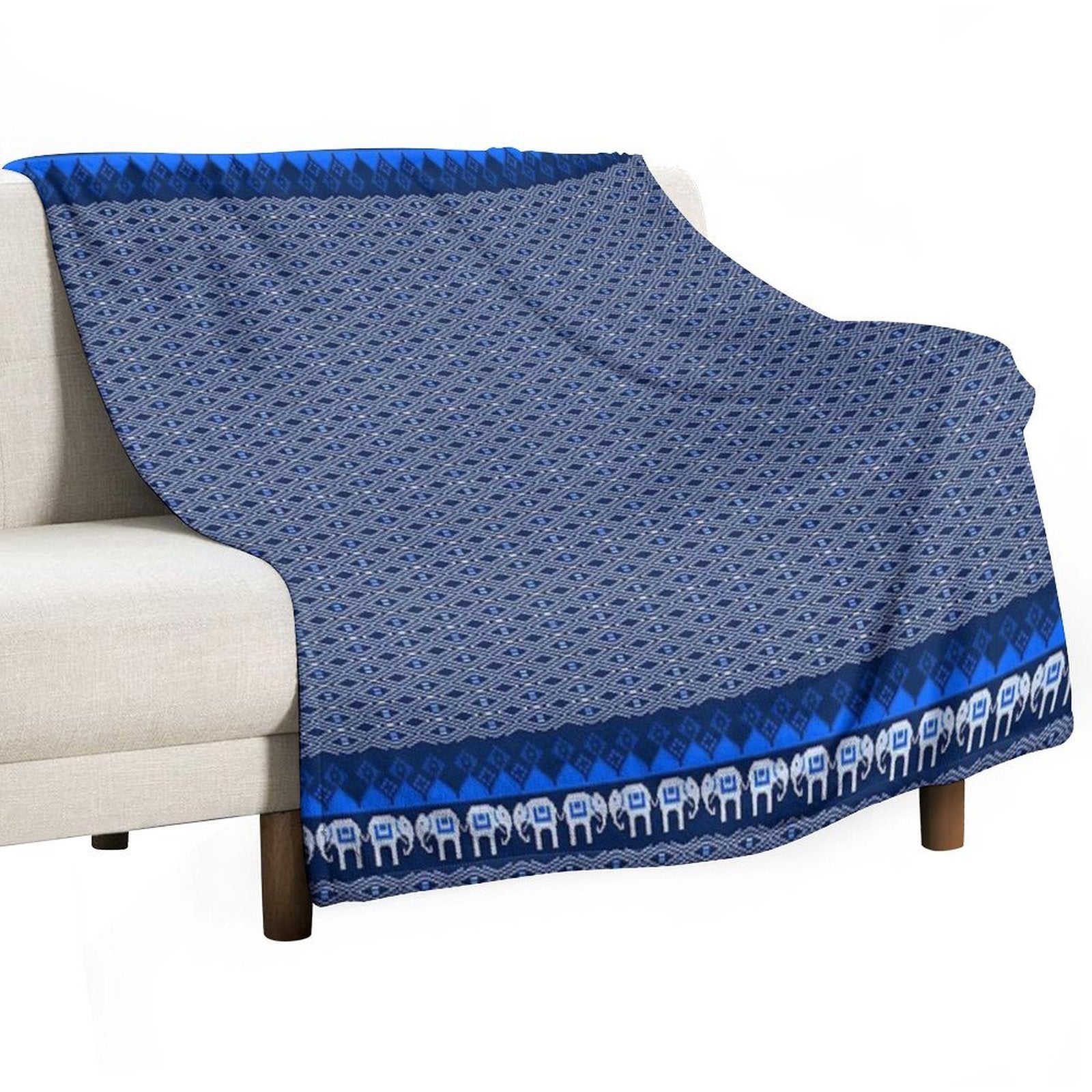 Thai Silk  Blue White Traditional Thai Silk Pattern  Traditional Thai Elephant Design Travel-friendly Throw Blanket