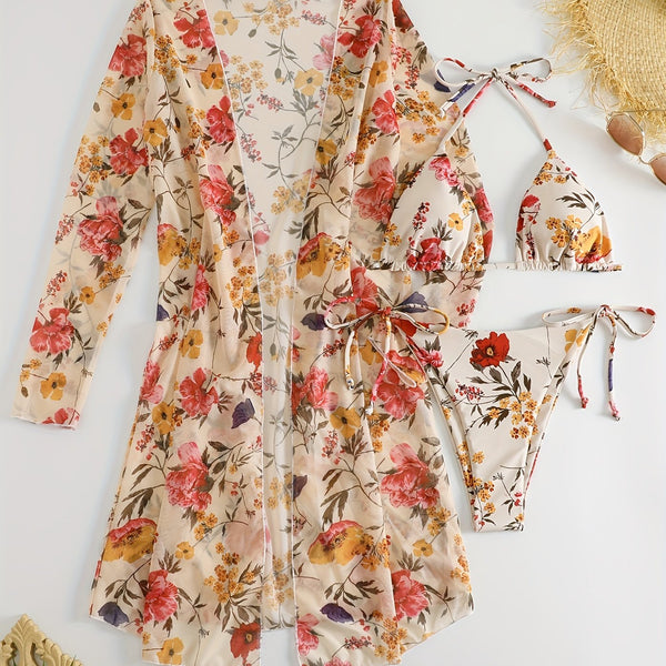 Bikini European Style Floral Print 3 Piece Swimsuit Set for Women – Sexy V Neck Bikini with Cross Strap Detail and Matching Long Sleeve Cover-Up – High Stretch Trendy Swimwear for Summer Beach Vacations Resort Looks and Poolside Fashion