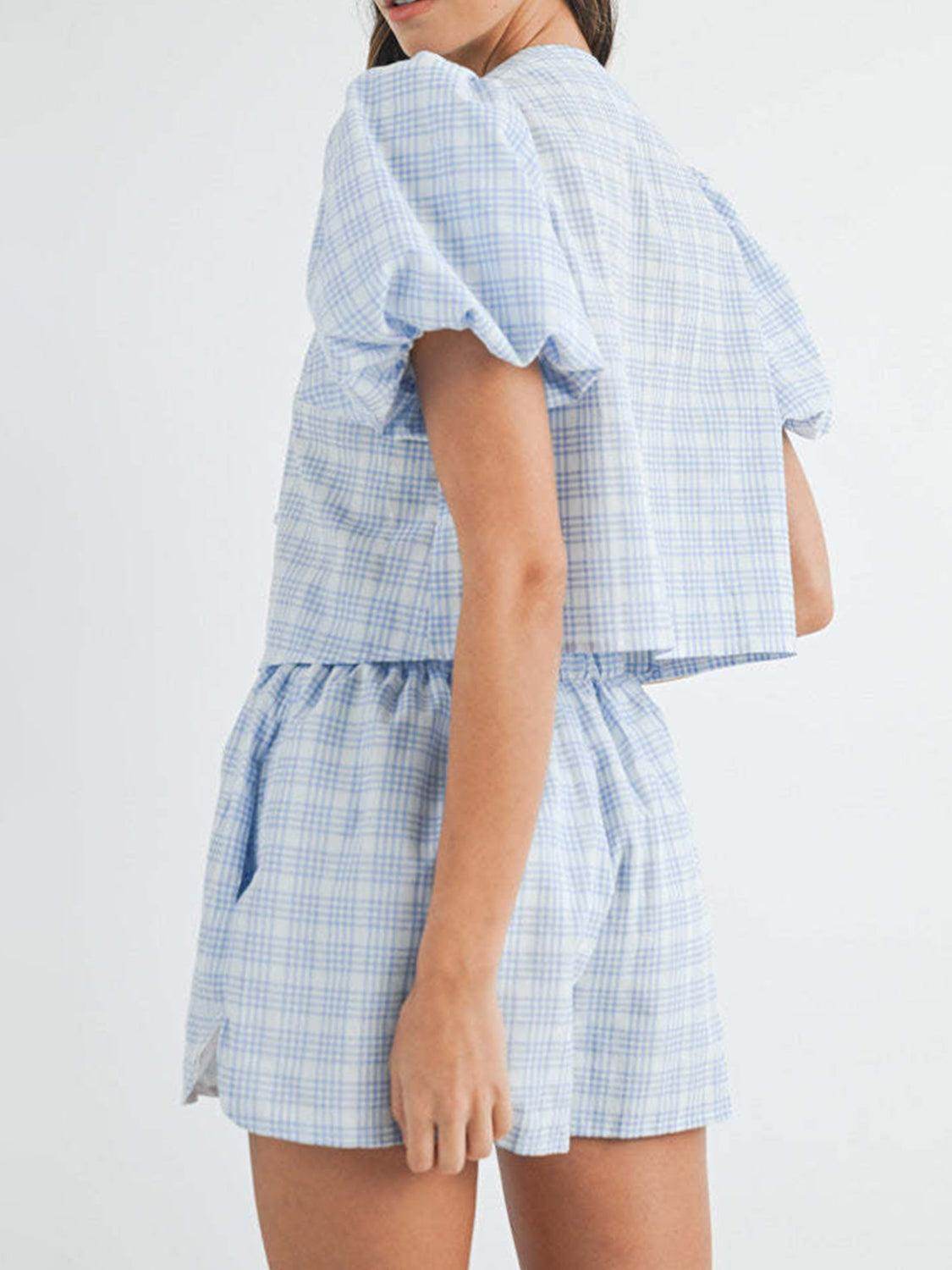 V-Neck Puff Sleeve Top and Shorts Set for Women Fashion