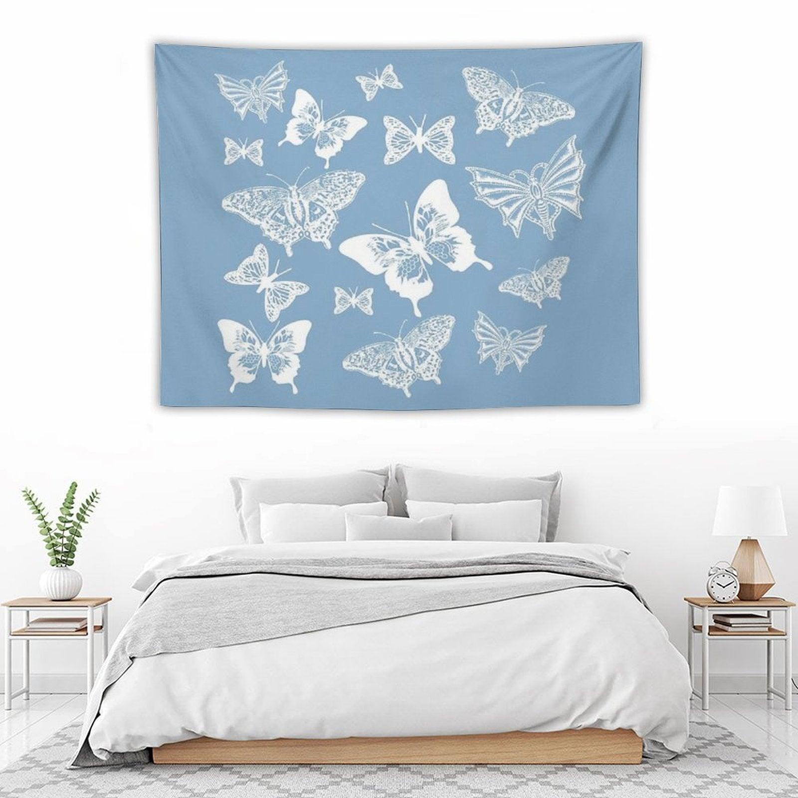 White Butterflies on Smoky Blue Grey Background Tapestry