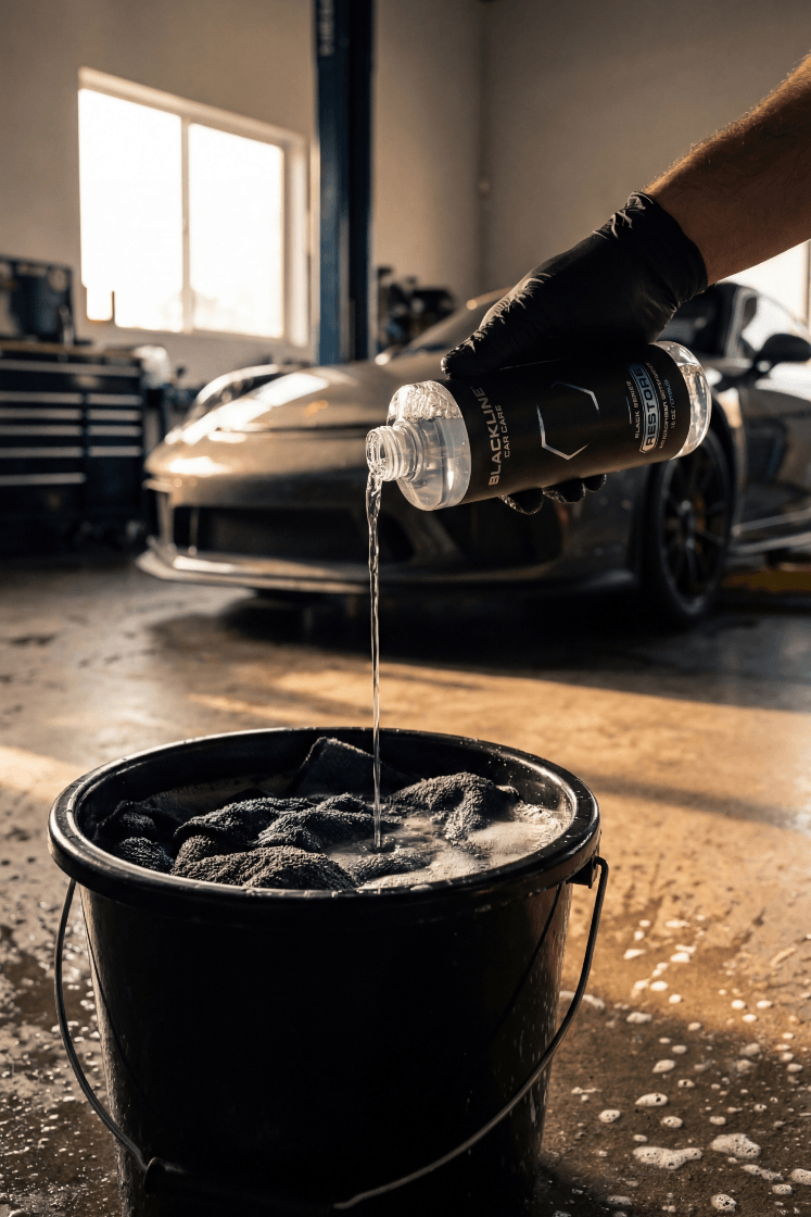 Person pouring liquid into a black bucket with a car in the background