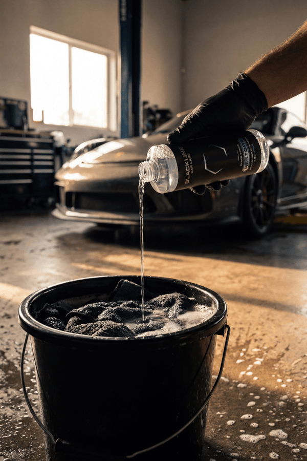 Person pouring liquid into a black bucket with a car in the background