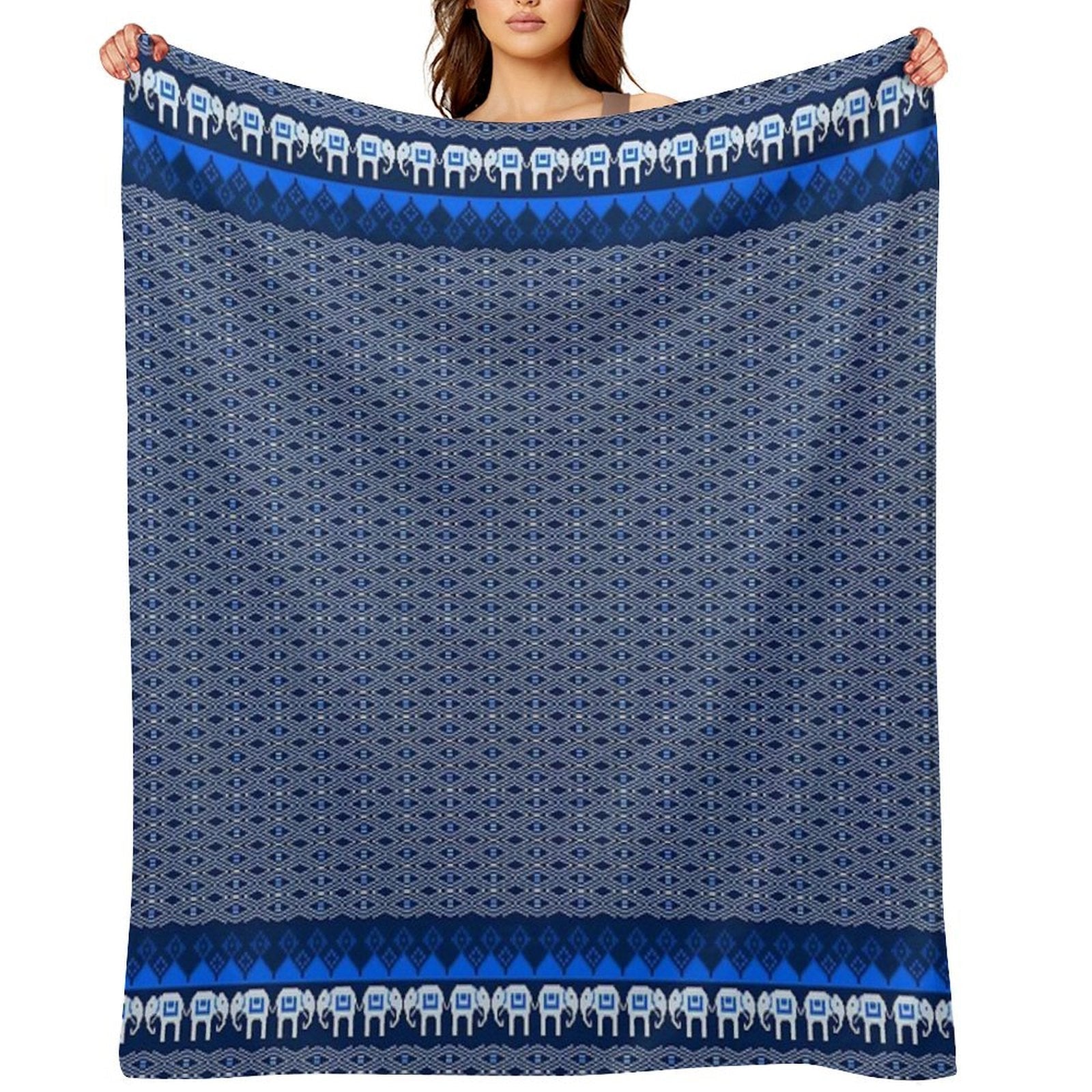 Thai Silk  Blue White Traditional Thai Silk Pattern  Traditional Thai Elephant Design Travel-friendly Throw Blanket