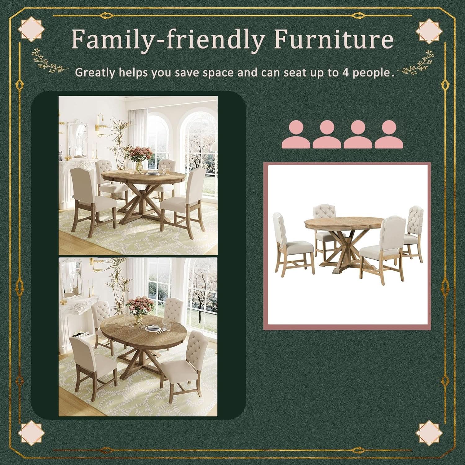 Circular Solid Wood DiningTable Set Four Extendable