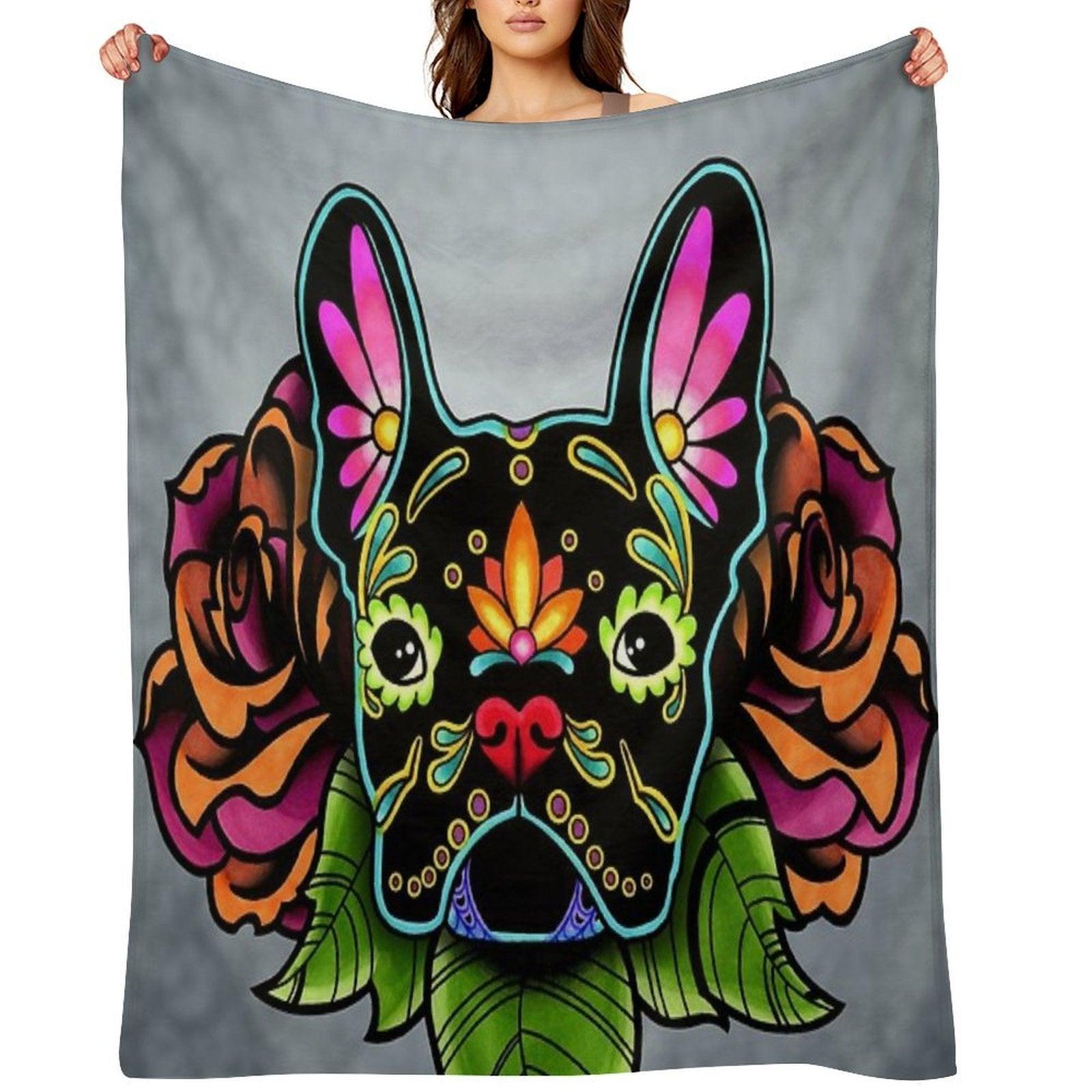 Day of The Dead French Bulldog in Black Sugar Skull Dog Throw Blanket