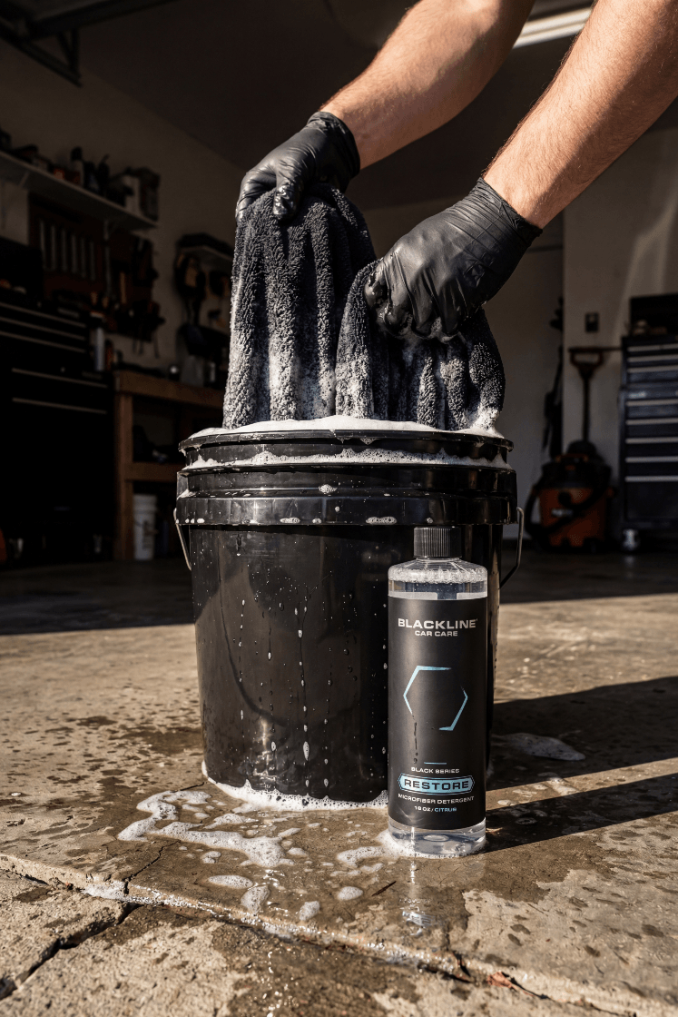 Person cleaning a black bucket with a sponge in a garage setting, with a bottle of Blackline Products Phoslock in the foreground.