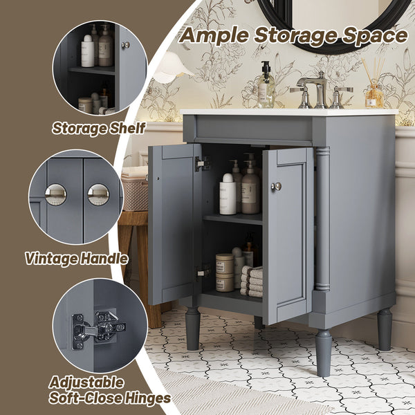 Modern Bathroom Vanity with Top Sink and 2-Tier Large Storage Shelves Cabinet