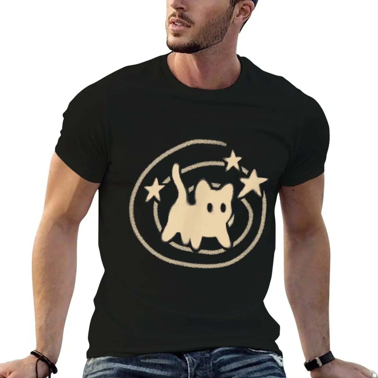90s Y2K Scary Tomcat Cat Is Scared Under Starry Tail Comfortable T-Shirt