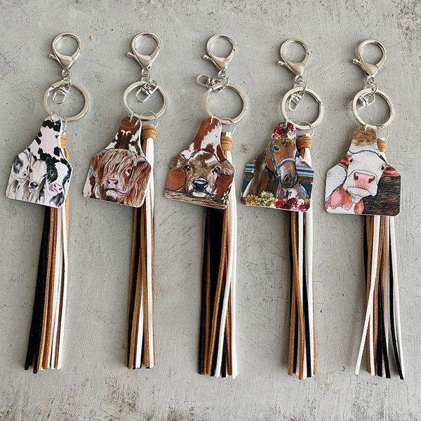 Handmade Popular Jewelry Western Farm Style Leather Keychain Cow Horse Deer Cow Brand Leather Tassels